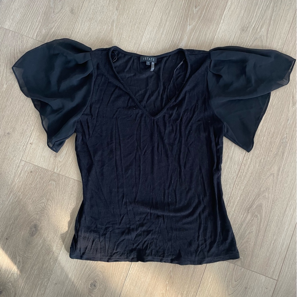 1 STATE Black Flutter Sleeve Ribbed Top, L